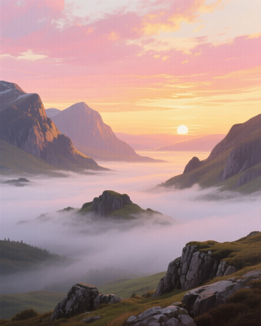 A dreamy sunrise glows pink and gold over the fog-filled valleys of the Scottish Highlands, mountain peaks emerging like islands above the clouds, subtle color shifts across the sky suggesting the slow passage of time within the scene.
