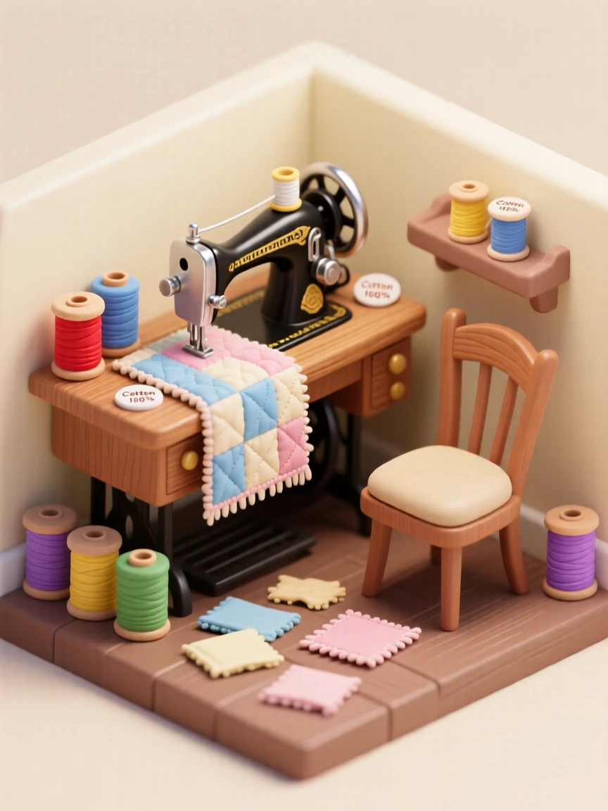 A cozy sewing room with a vintage machine, spools of colorful thread, fabric scraps scattered about, and a half-finished quilt draped over a chair.