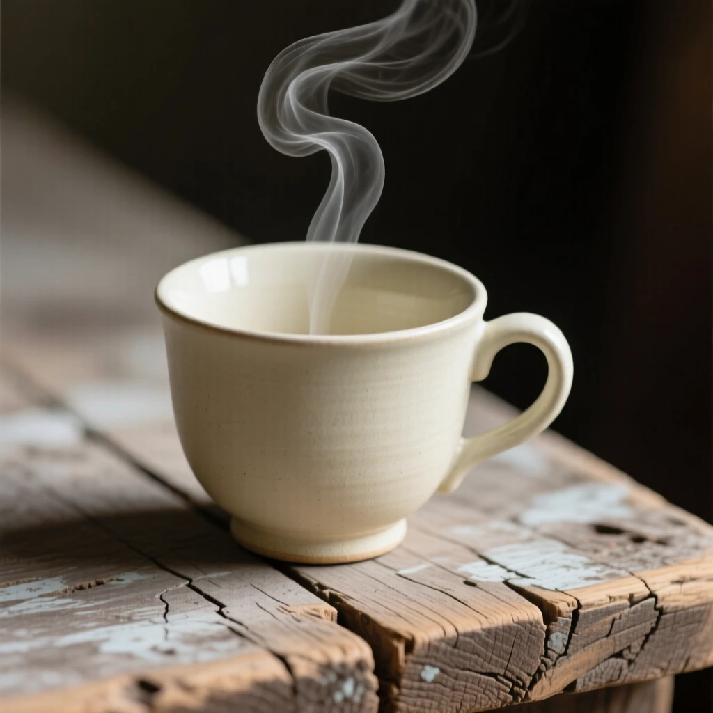 A delicate teacup with steam curling upward resting delicately atop a weathered surface, surrounded by soft shadows and warm tones, radiating warmth and homely comfort.