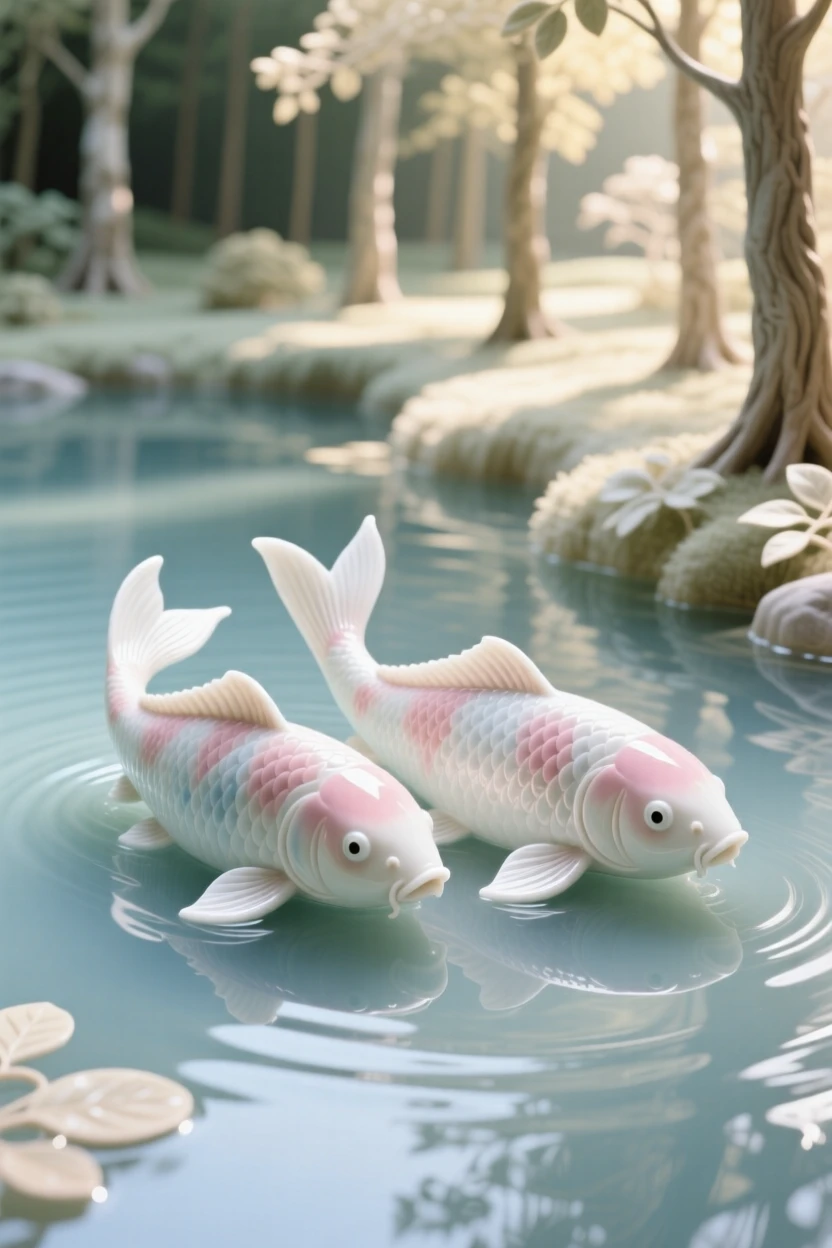 A pair of koi fish gliding together across a still pond beside a sunlit forest clearing.