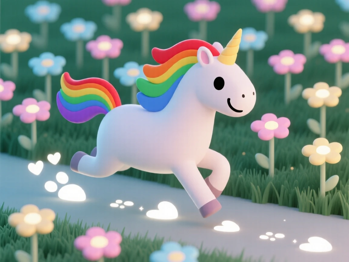 A cheerful unicorn with a rainbow mane gallops through a meadow of glowing flowers, leaving sparkling hoofprints behind.