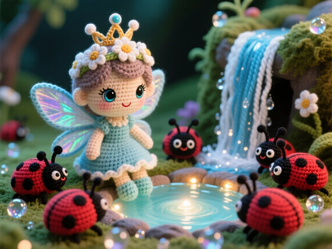 In a magical waterfall cascading into a glowing pool, a tiny garden fairy queen with a crown of woven daisies is captured presiding over a council of ladybugs, surrounded by a scattering of shimmering dewdrops, filled with curious innocence meeting a magical world.