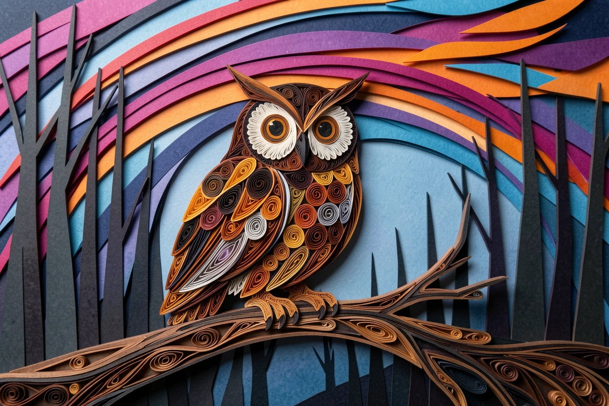 an owl perched silently on a moonlit branch, beneath tall shadowy silhouettes in the distance, composed with strong leading lines toward the subject, beneath a sky streaked with vivid color.