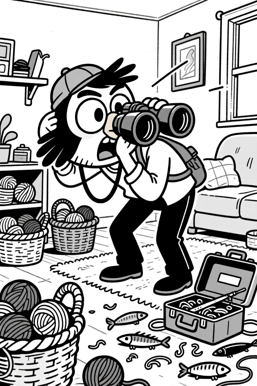 A birdwatcher peering through binoculars with wide eyes, leaning into the screen as if that alone might win the game, set in a cozy living room surrounded by yarn baskets. A tackle box lies open, lures spilling out. The moment captures determination with a comic twist.