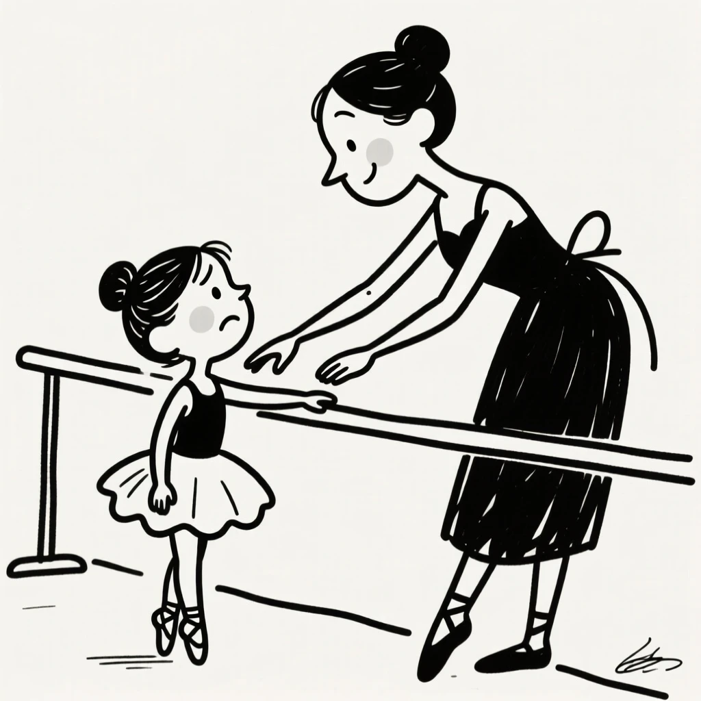 A ballet teacher gently correcting a young student's posture at the barre.