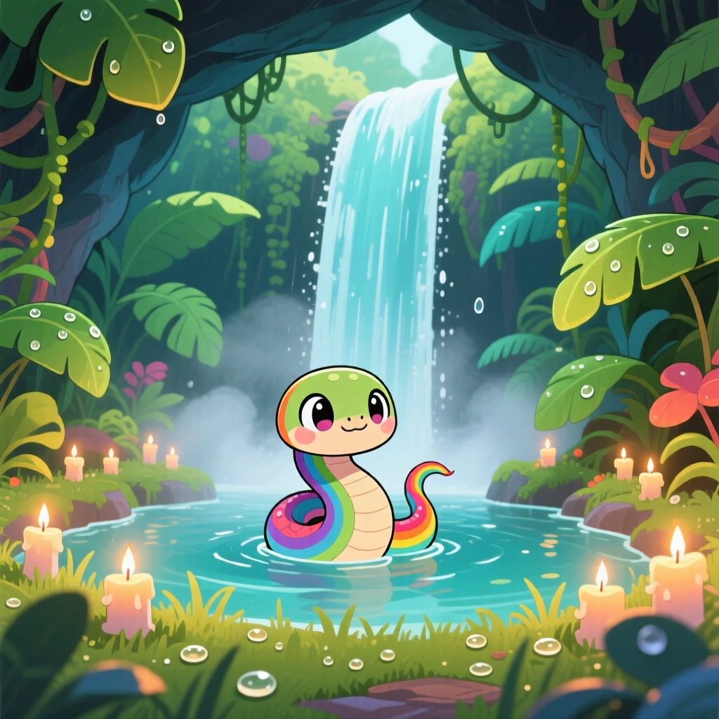 Wide establishing shot of a tiny rainbow serpent, curling around a waterfall's mist, in a jungle waterfall grotto, as morning dew glistens on the grass, illuminated by gentle candlelight, radiating shy bashfulness.