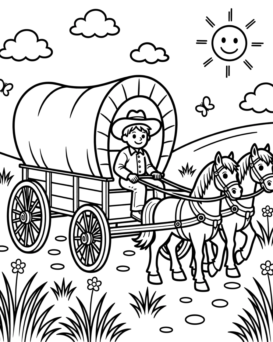 A vintage covered wagon crossing a grassy prairie