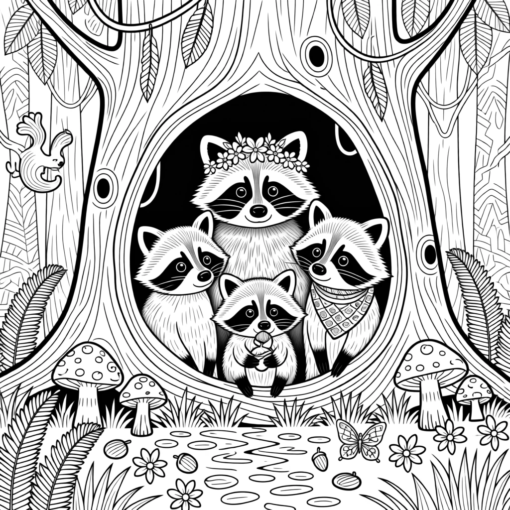 A raccoon family peeking out from a hollow tree.