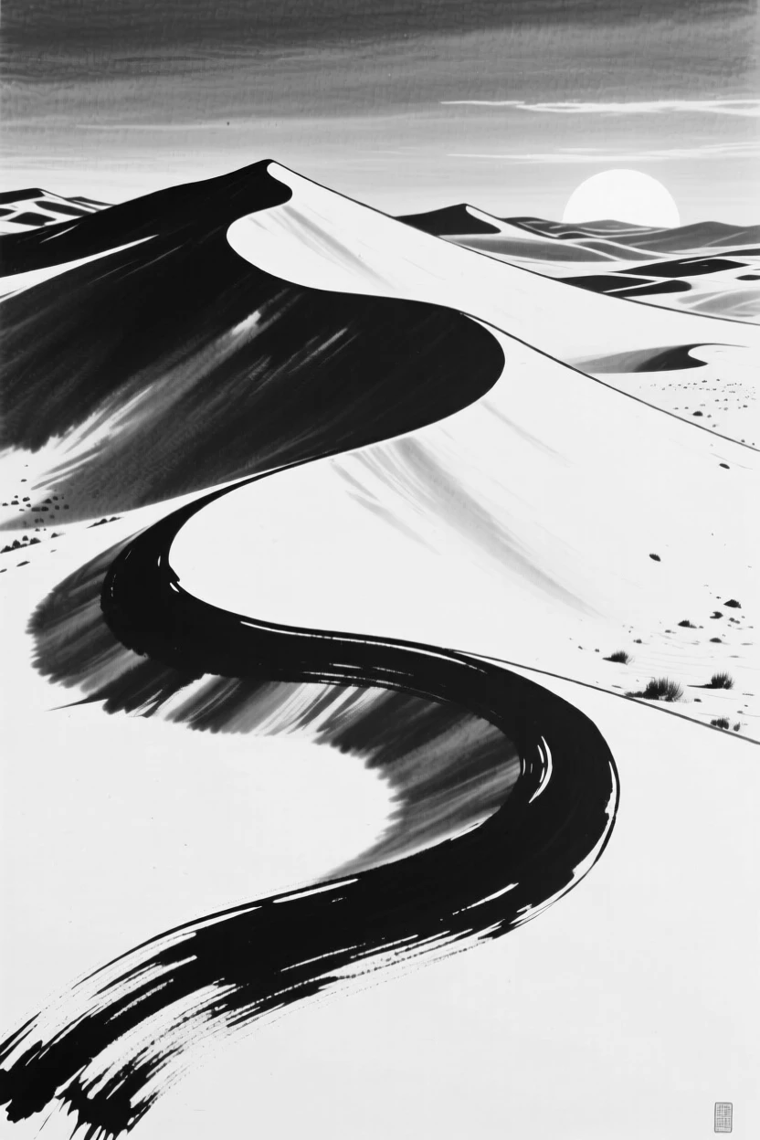 A desert landscape with towering sand dunes casting long shadows at sunset.