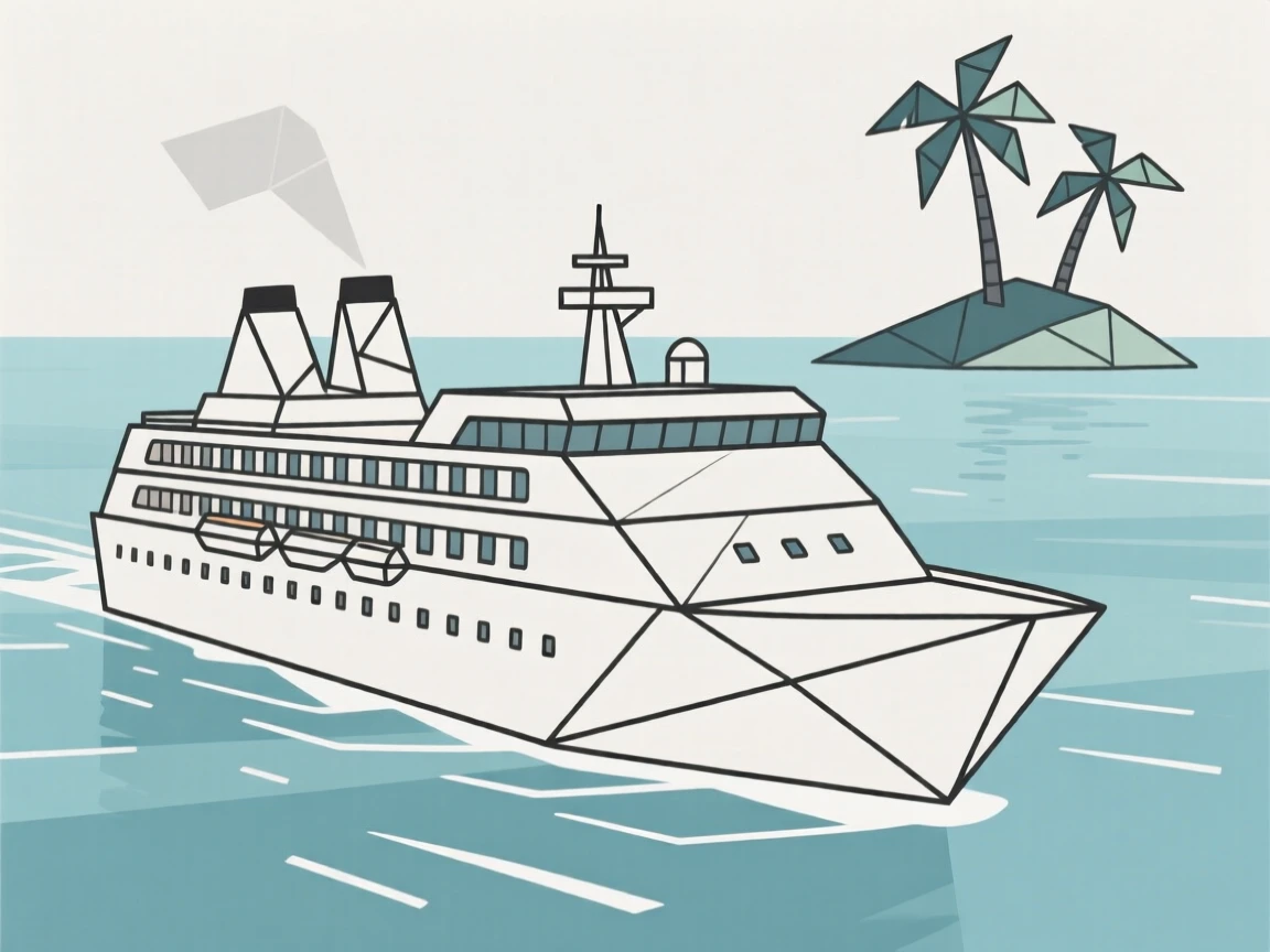 A cruise ship sailing across calm tropical waters