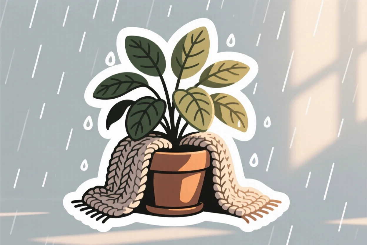 A sweetly detailed houseplant leaves catching sunlight, wrapped in a soft knitted throw, on a quiet rainy afternoon.