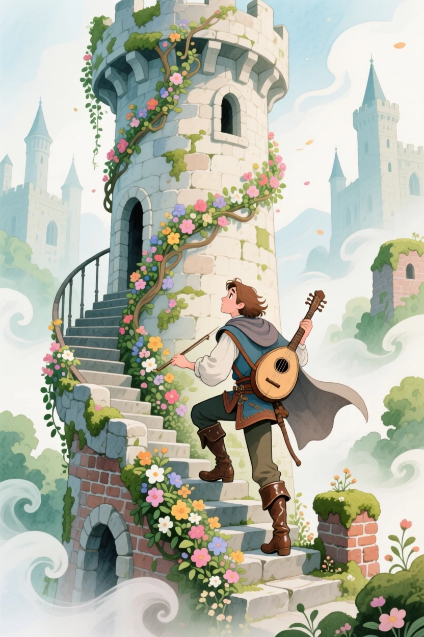 A wandering bard climbing a spiral tower wrapped in blooming vines, in an ancient castle wrapped in mist, brimming with enchantment and discovery.