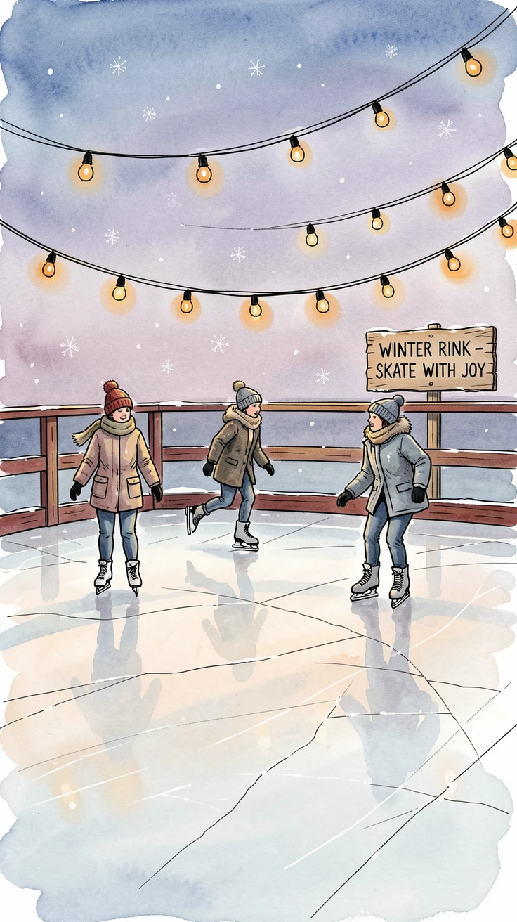 A winter ice skating rink glowing with string lights as skaters glide across the ice at dusk