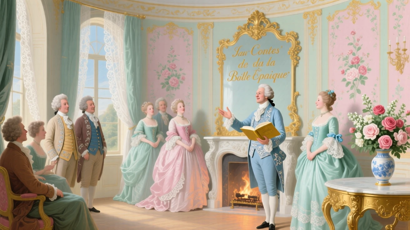 A round salon with guests gathered around a storyteller beside a fireplace  