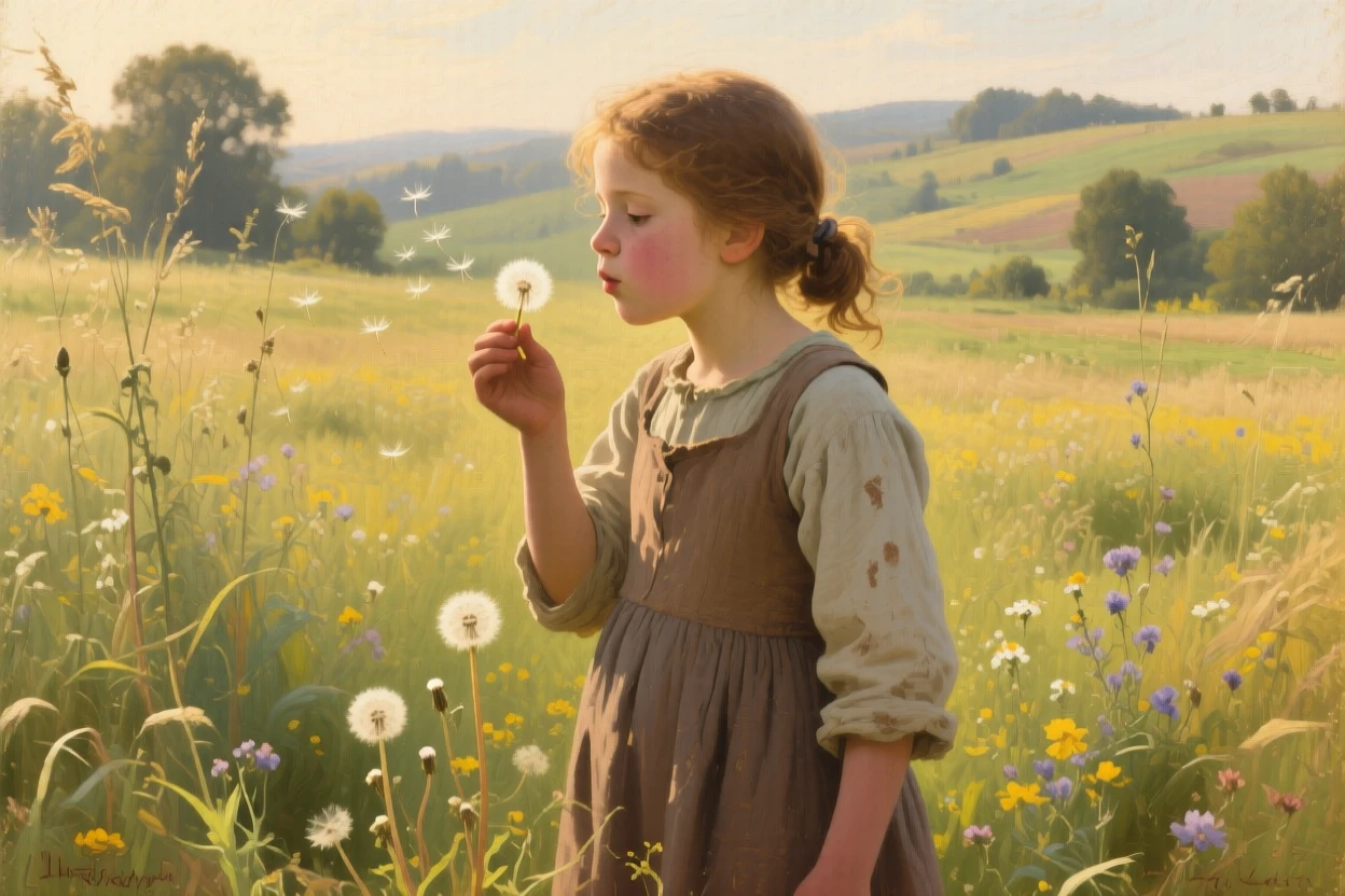 A young girl blowing dandelion seeds into a warm summer breeze, with soft shadows adding depth and intimacy to the moment, telling a complete story through a single powerful expression