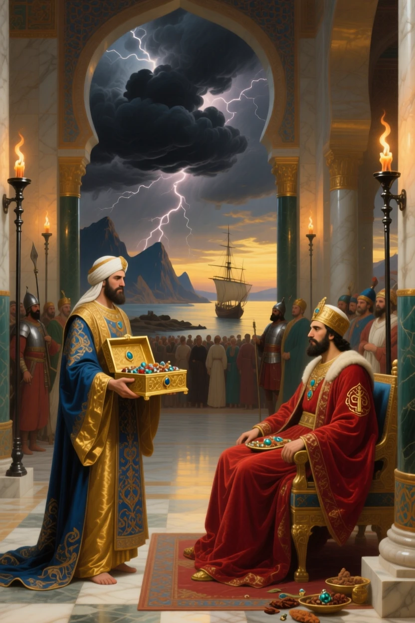 A Persian satrap presenting tribute to a seated emperor as thunder rolls across a darkening sky, set within a torch-lit palace hall of gleaming stone, with distant ships and mountains fading into a golden haze; the crowd forms a natural frame around the central action, radiating triumph tempered by solemn sacrifice.