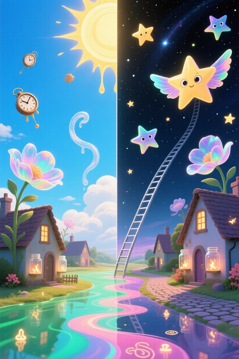A summer sky split evenly between bright day and starry night unfolds gradually above a small, sleeping village, while the ground below begins to shimmer with quiet color.