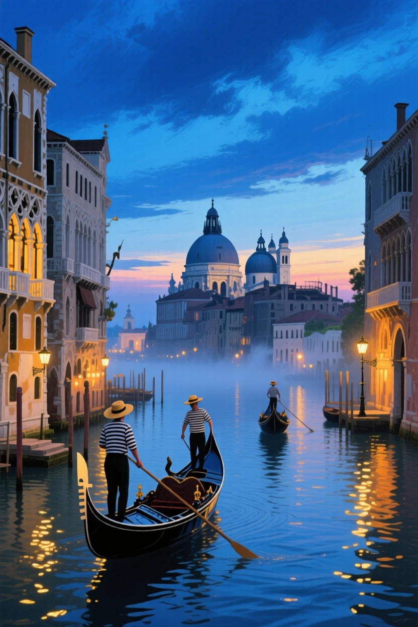A dramatic blue hour sky over Venice shows gondolas gliding past illuminated palazzos, the last light fading behind the city's domes and spires, the air carrying a faint mist that softens distant shapes without obscuring the overall view.