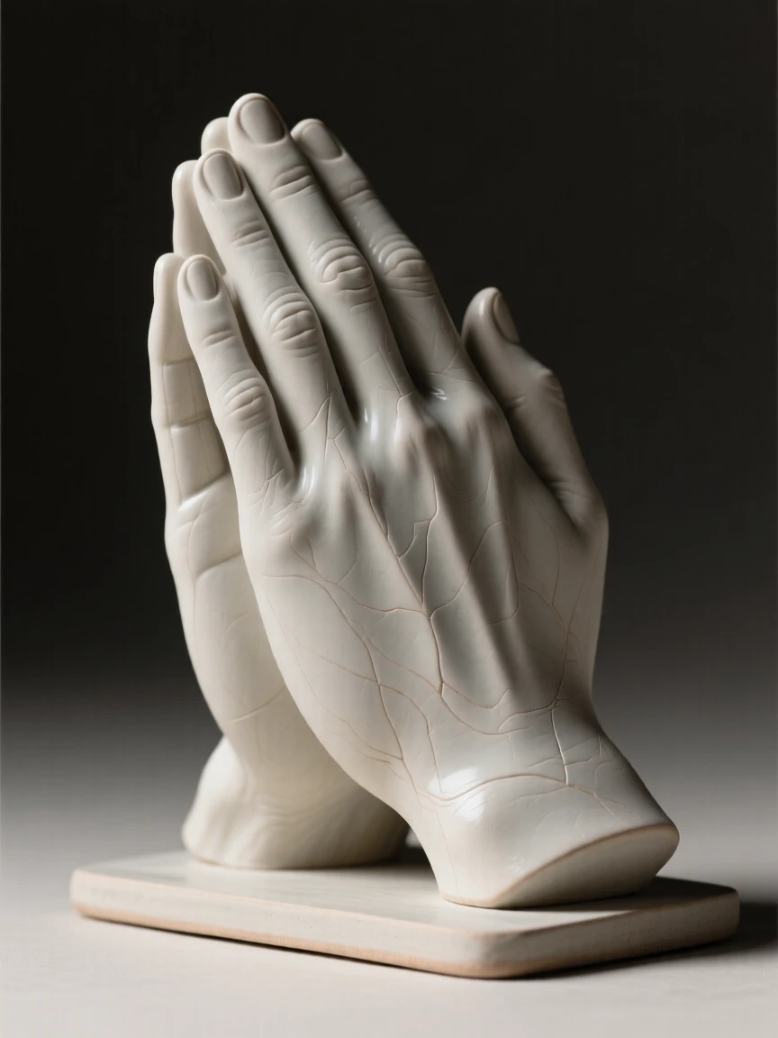 A pair of praying hands in quiet repose posed with understated, timeless refinement, catching soft light along smooth curved surfaces, conveying calm, tasteful sophistication.