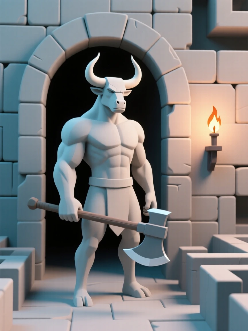 A towering minotaur guards a labyrinth entrance, battle axe resting on one shoulder as torchlight flickers on stone walls.