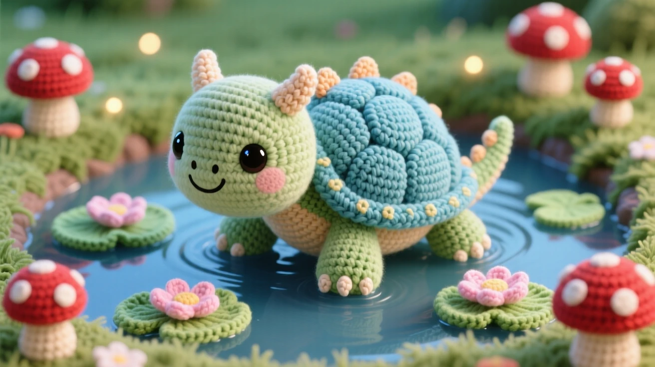 A charming portrait of a small baby dragon turtle, with a shell dotted with tiny scales, paddling slowly across a lily pond beside a ring of softly glowing toadstools in a starlit meadow beneath a swirling night sky, conveying joyful mischief and sparkling delight.