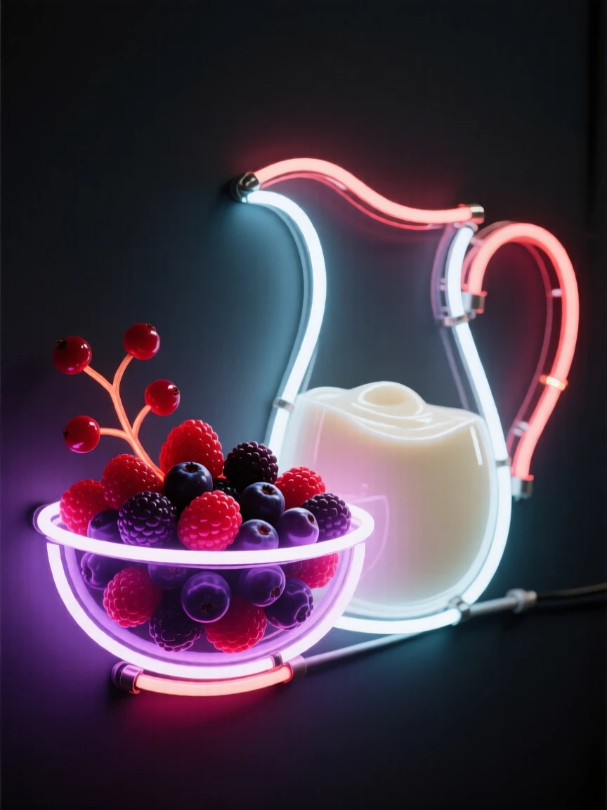 A bowl of fresh berries beside a pitcher of cream.