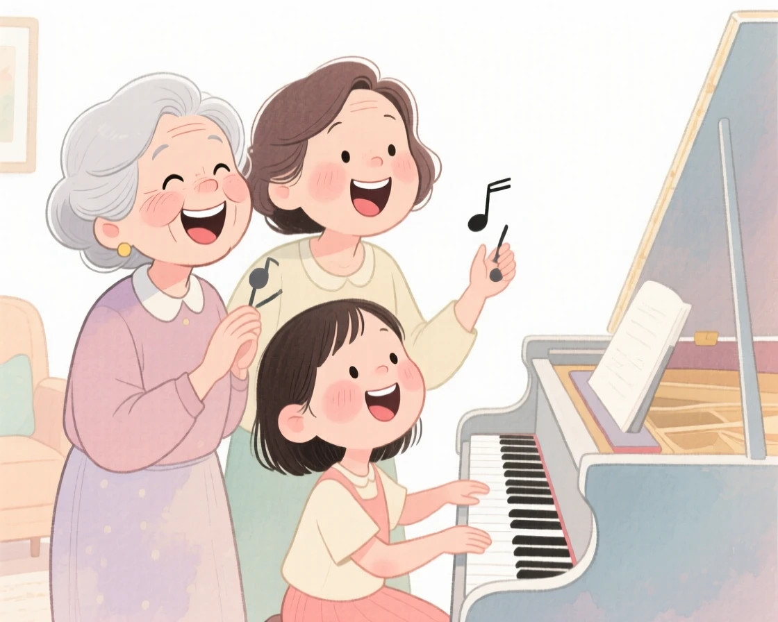Three generations of women singing together around a piano at home