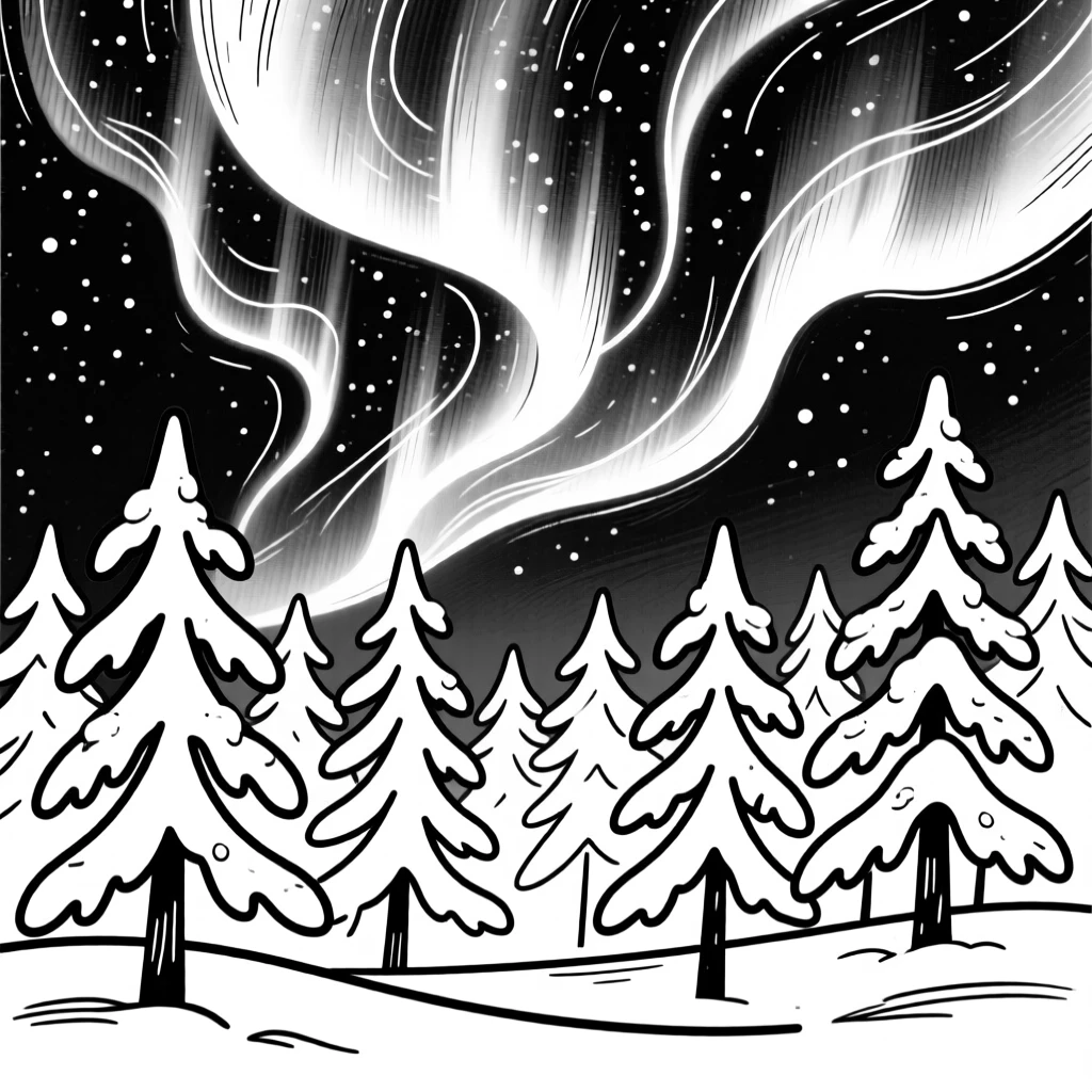 A snow-covered pine forest under a sky full of shimmering aurora borealis.