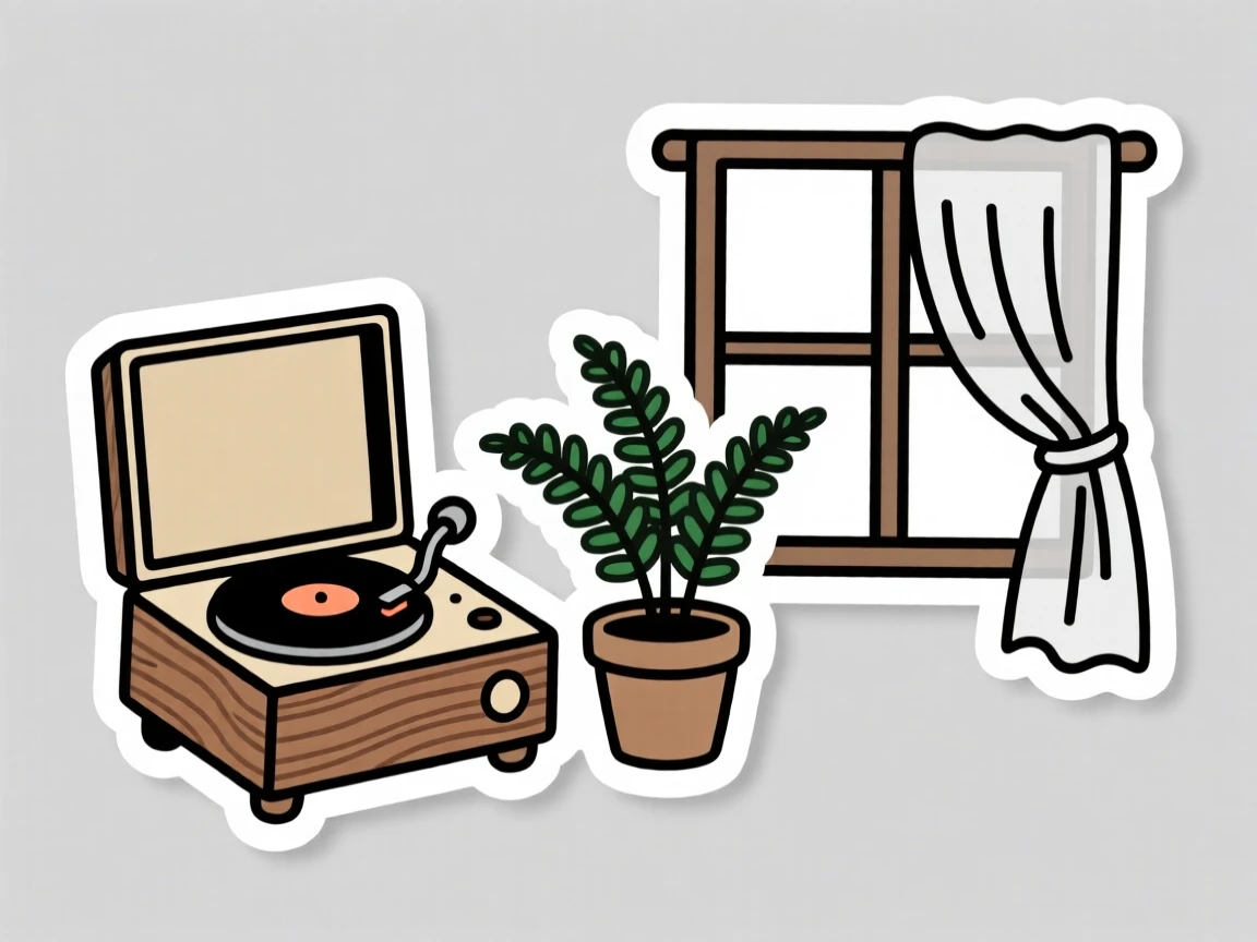 A homely retro record player, displayed next to a small potted fern, next to an open window with sheer curtains.