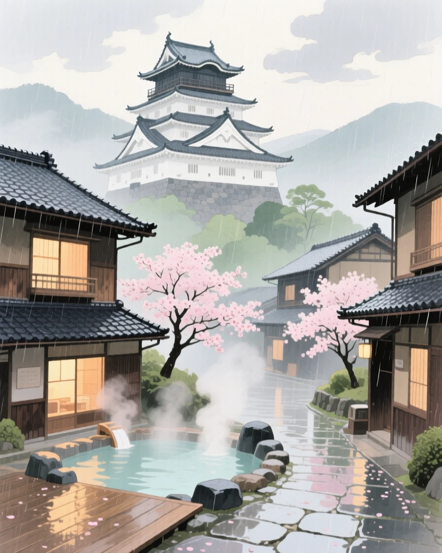 A picturesque view of a Japanese hot spring town with a castle rising above the rooftops, during a gentle spring rain
