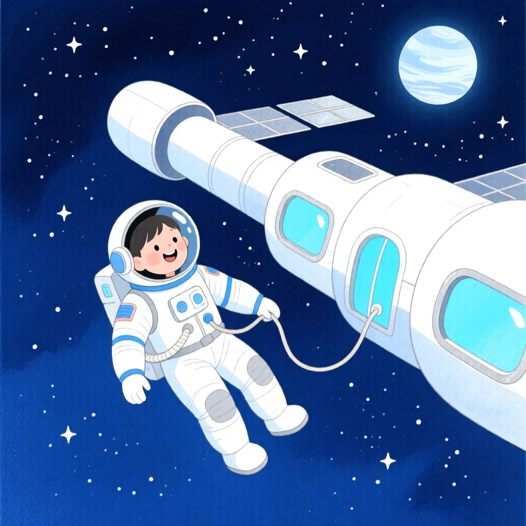 An imaginative scene of an astronaut floating weightlessly beside a space station.