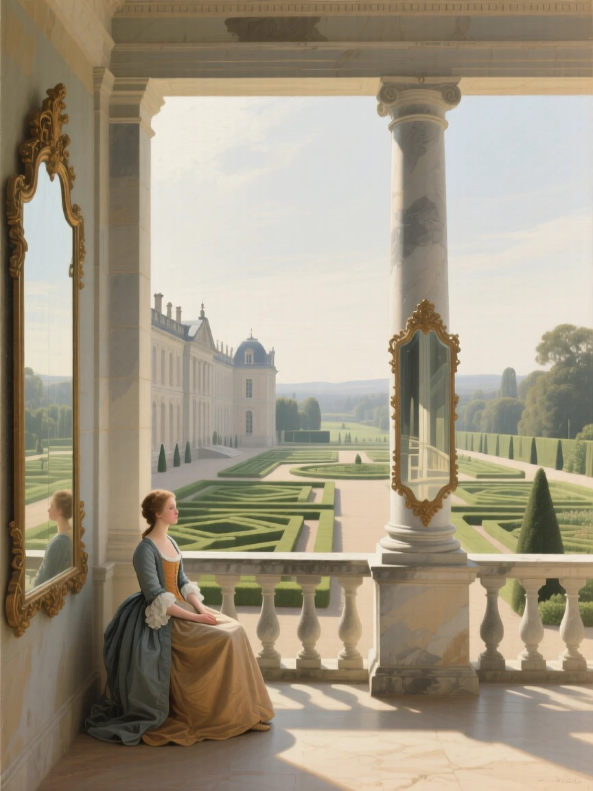 A palace garden pavilion overlooking manicured terraces resonating with the faint echo of distant footsteps, set within a private estate untouched by passing time, with tall mirrors reflecting endless corridors of light and shadow; a lone figure or object provides scale against the soaring architecture, filled with hushed splendor and architectural harmony.