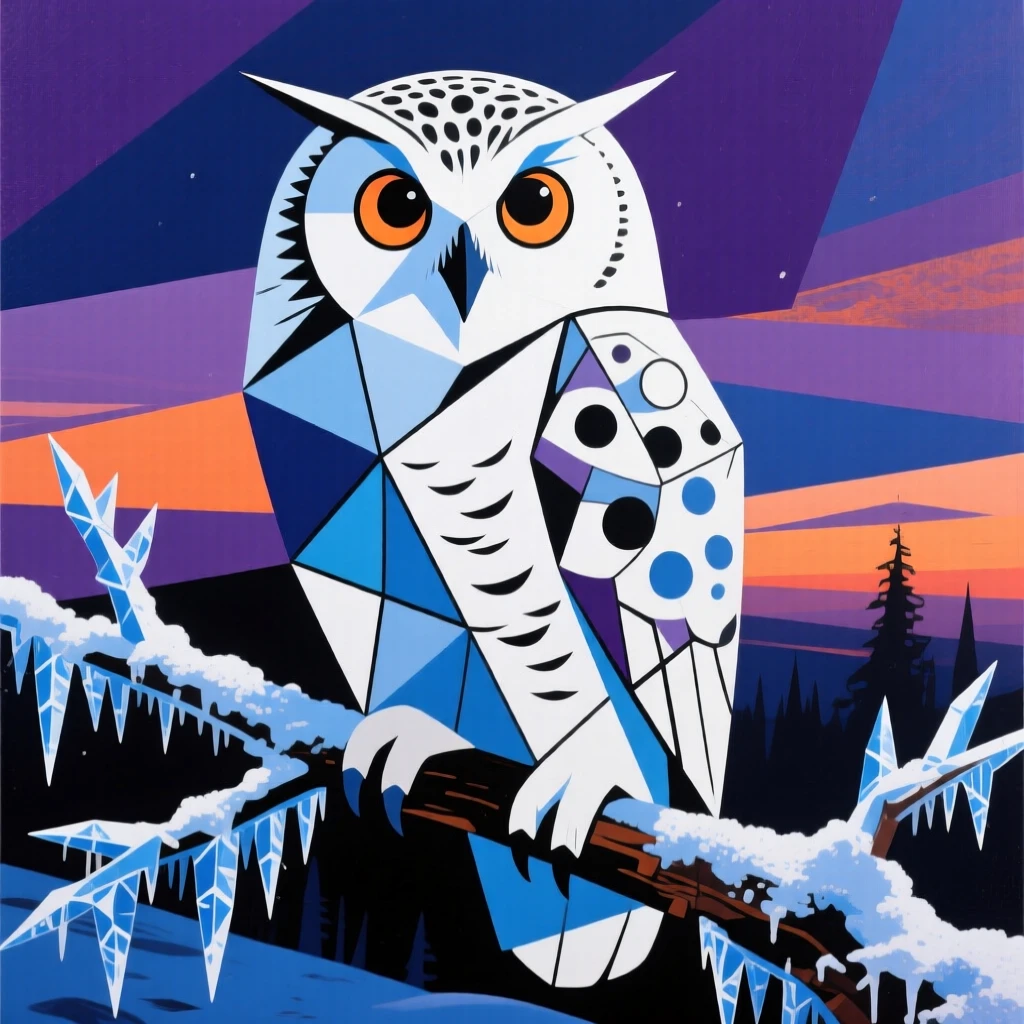 A snowy owl perched silently on a frost-covered branch at dusk.