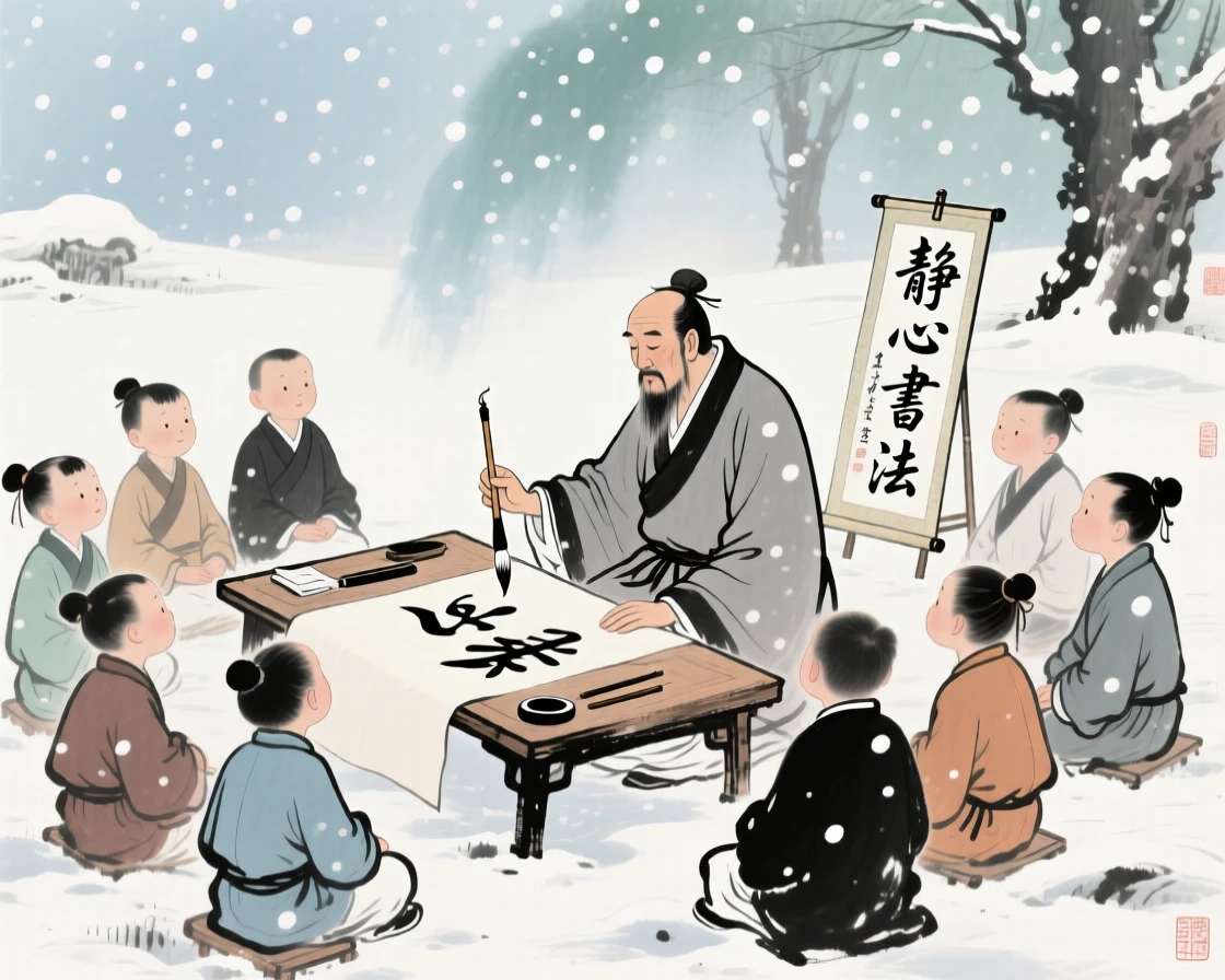 A calligraphy master demonstrating brushwork to a circle of young students, radiating gentle serenity, beneath softly falling snow.