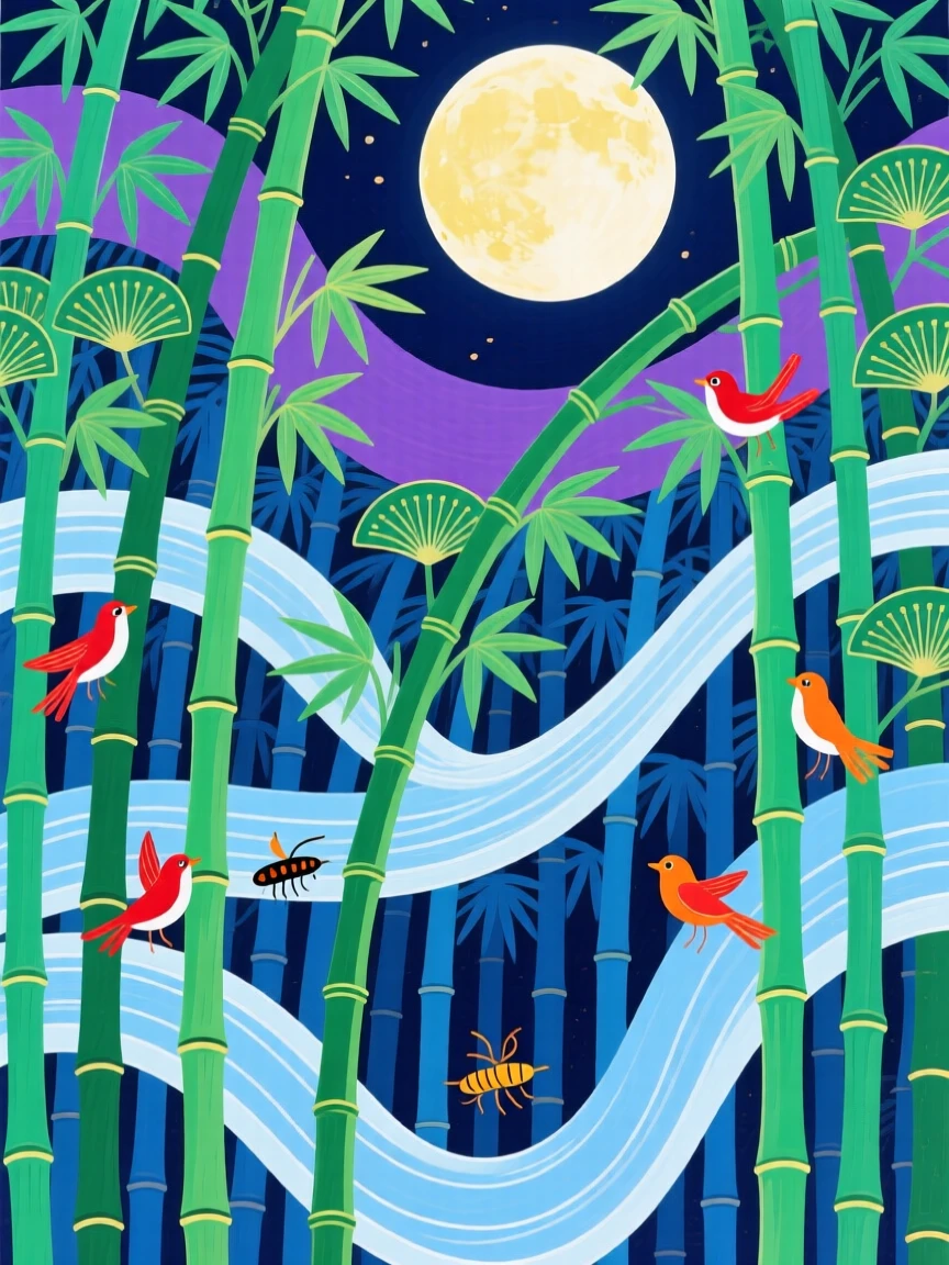 A sweeping view of a bamboo forest with light filtering through beneath a full moon.