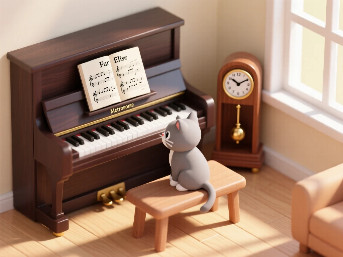 A quiet piano practice scene in a sunlit living room, sheet music open, a metronome ticking, and a cat sitting attentively on the bench.