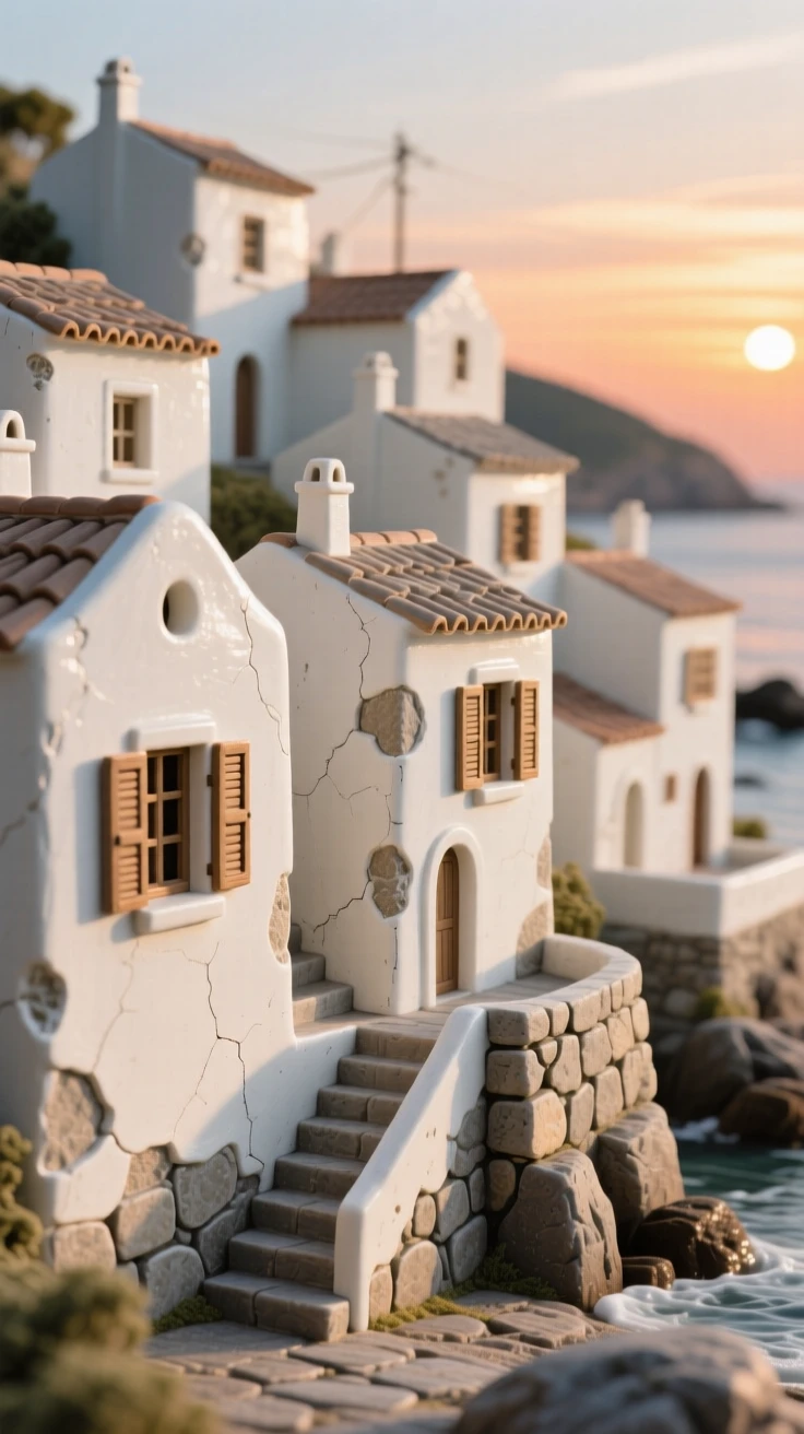 A coastal village with whitewashed buildings captured in the soft glow of sunset, with weathered stone showing centuries of history, conveying serenity and architectural majesty.