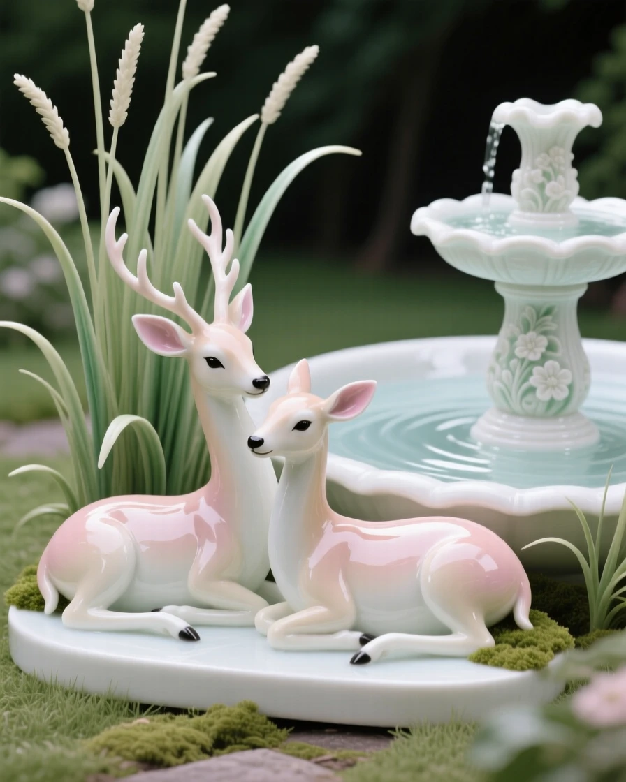 A pair of deer resting side by side in tall grass beside a quiet garden fountain.