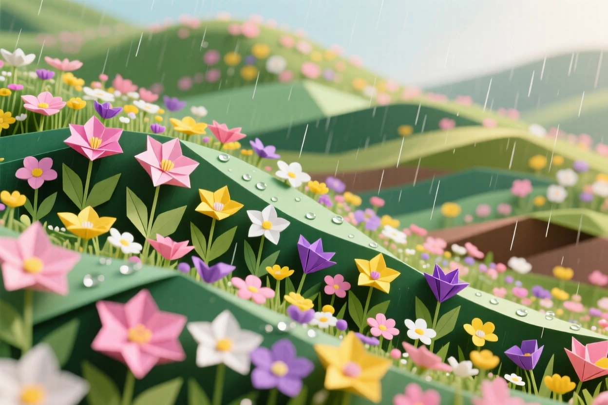 A vibrant tide of blooming wildflowers rolling across a hillside after spring rain.