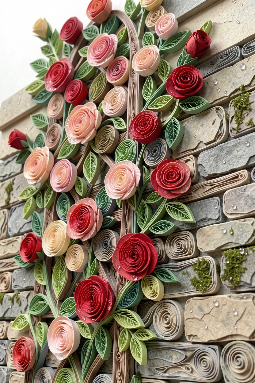 a garden trellis overflowing with climbing roses, beside a weathered stone garden wall, shot from a low angle looking up toward the light, with morning dew glistening on every petal.
