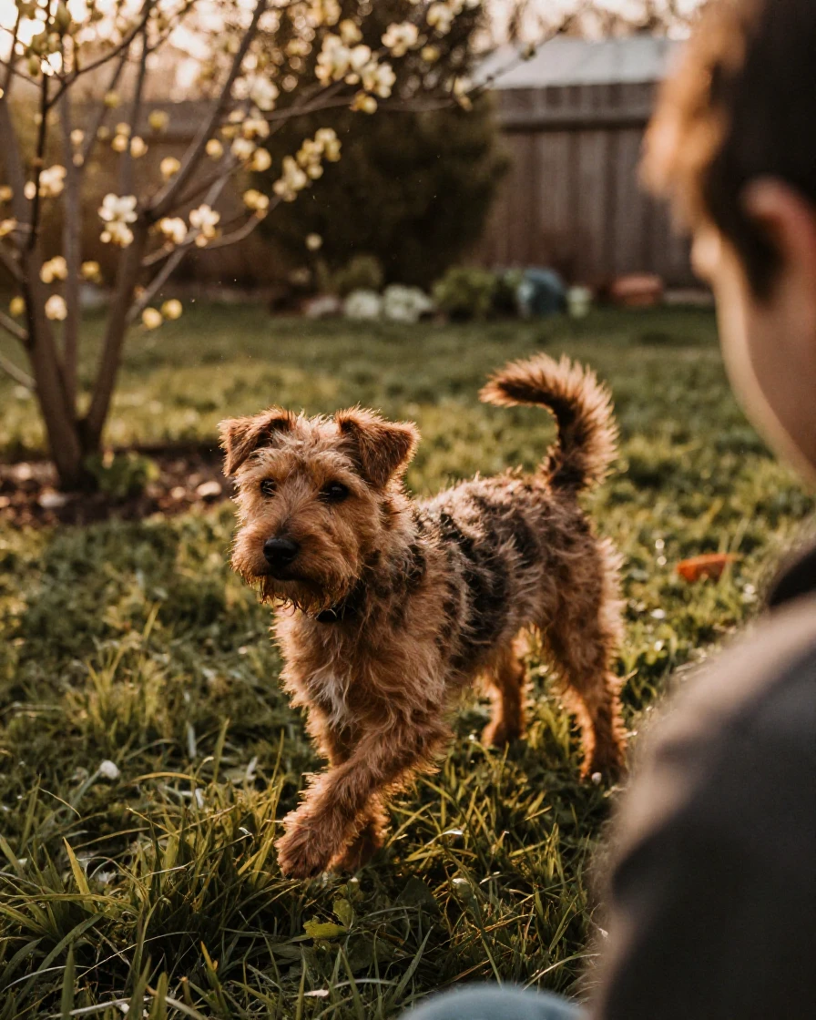 A scruffy terrier chasing its tail across a garden lawn, under soft golden-hour light, under a light drizzle, in early spring, dominated by warm amber and rust tones, over the shoulder of the main subject.