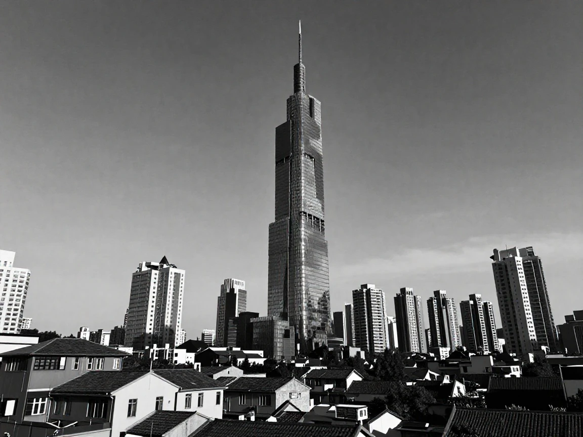 A towering skyscraper rises above the surrounding rooftops in a vibrant Asian metropolis.