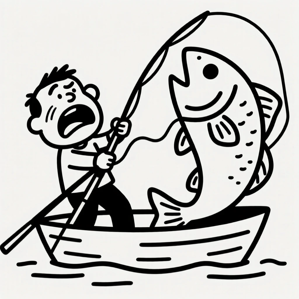 A fisherman reeling in a huge fish with all their strength on a small boat.