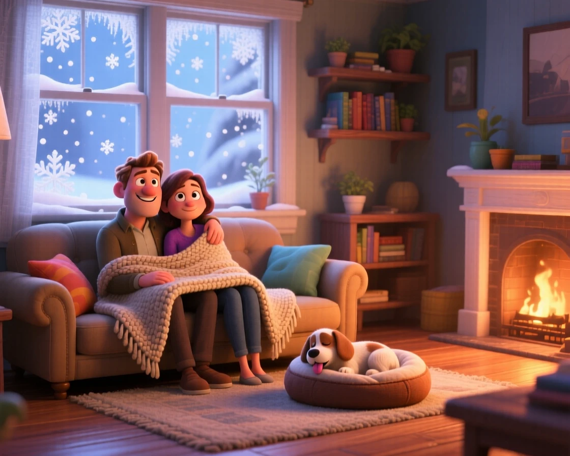 A couple sharing a blanket sits beside a window streaked with morning frost, watching snowflakes drift past the window. A feeling of safety and slow relaxation lingers here, with a small dog dozing nearby.