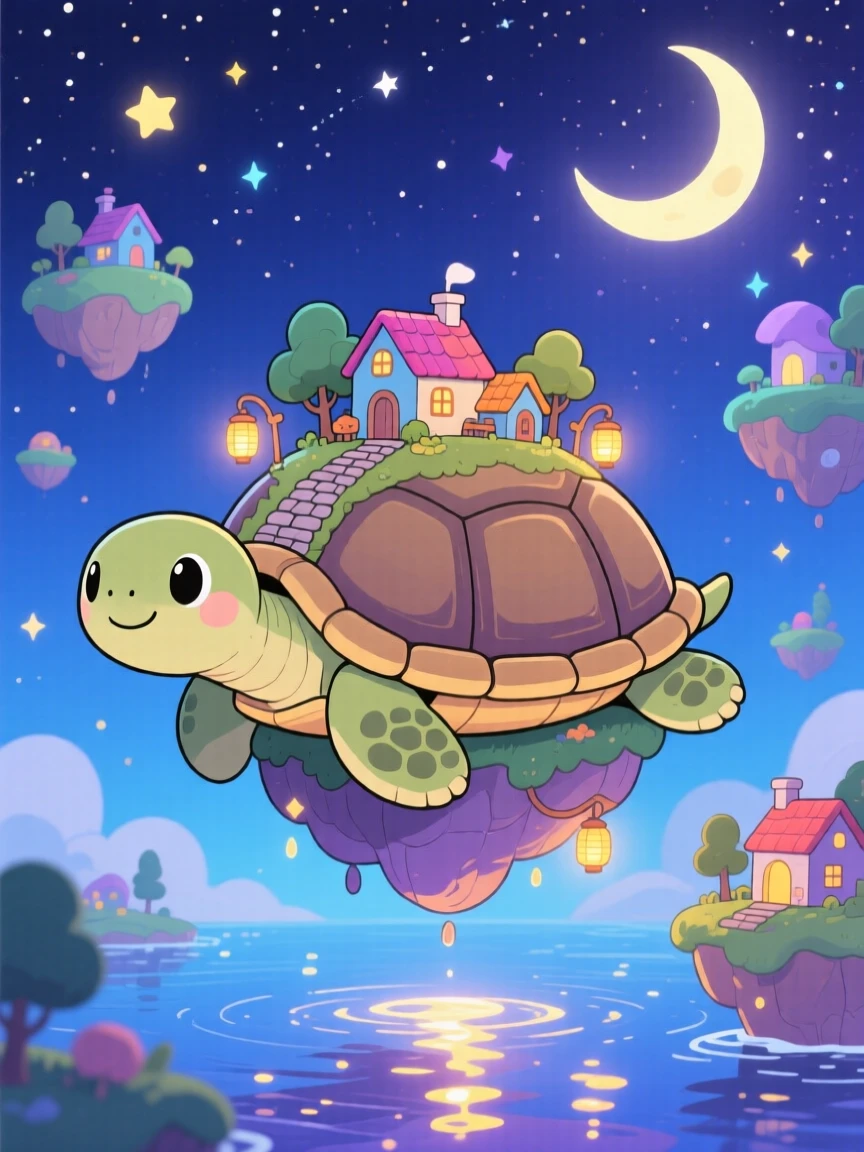 A floating island turtle carrying a tiny village on its shell, framed as a full-body shot within a sky full of drifting islands, under a starry midsummer night sky, glowing under shimmering reflected light off water, evoking sleepy relaxation.