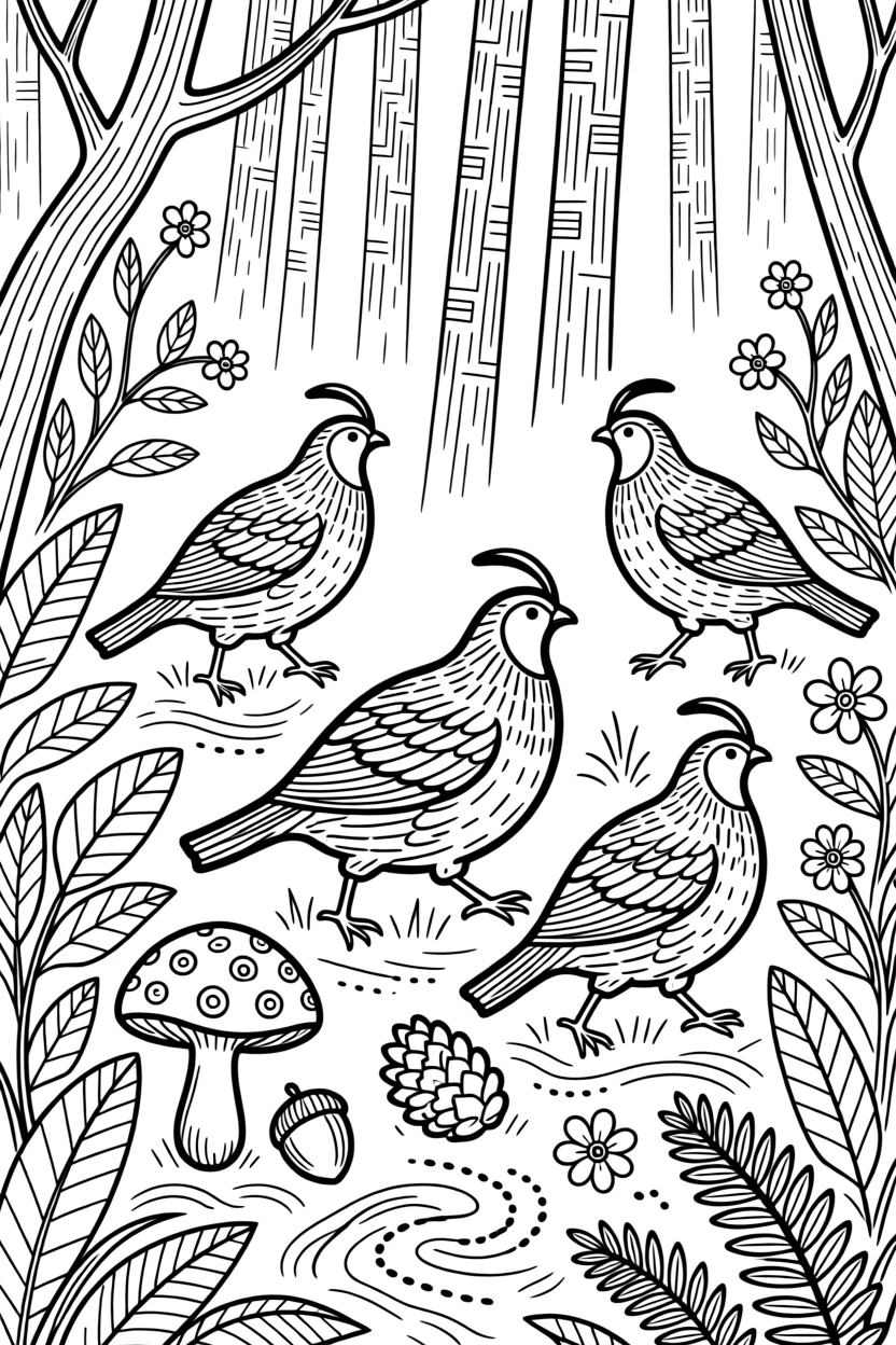 A group of quail scurrying through underbrush.