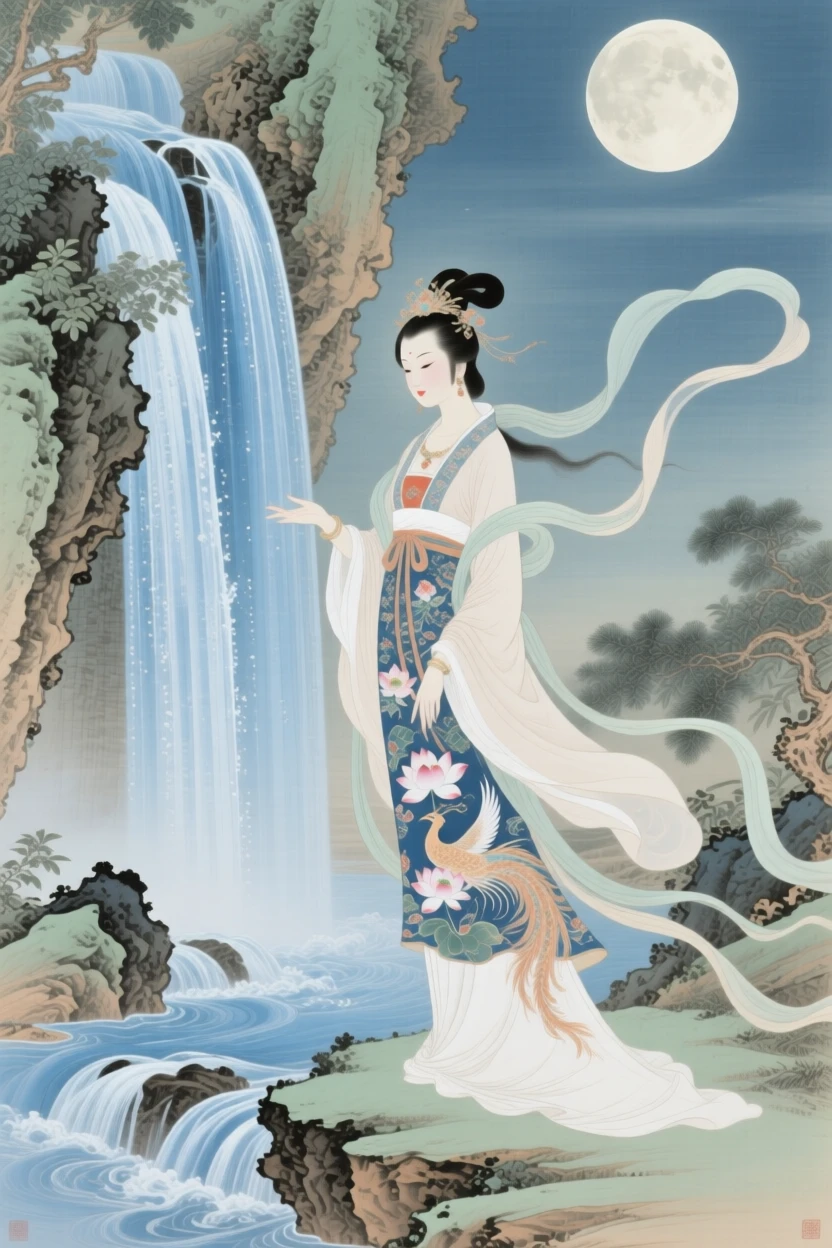 A celestial maiden trailing ribbons of silk beside a waterfall glowing with moonlight