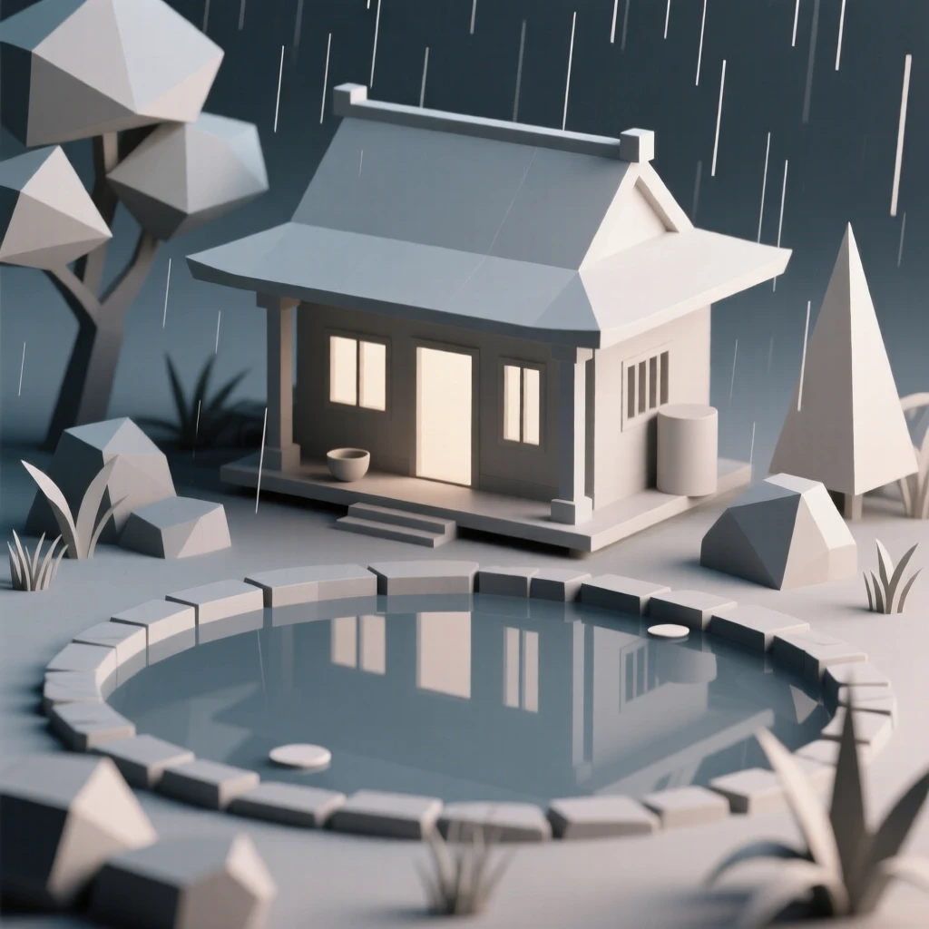 A traditional teahouse beside a tranquil garden pond, under a gentle evening rain. vibrant color accents contrast against neutral stone. The mood feels romantic and picturesque.