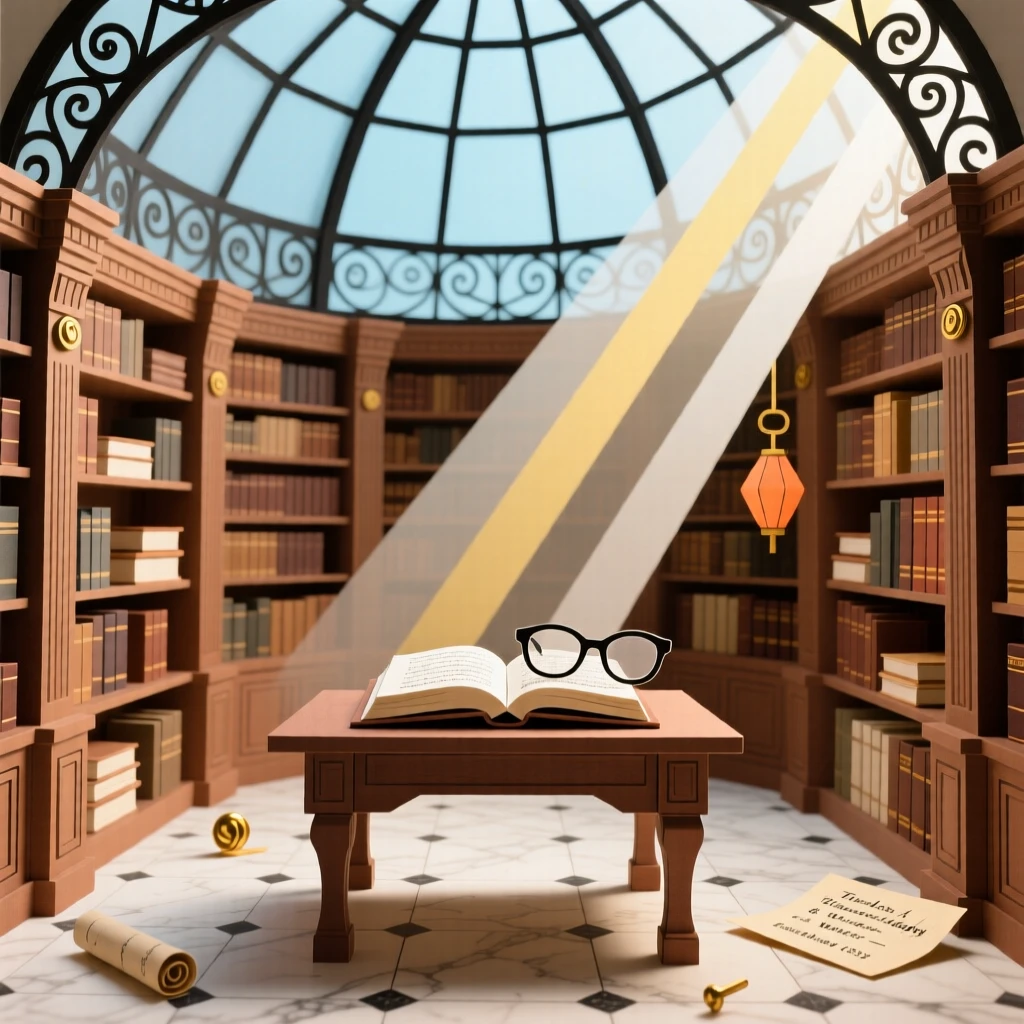 A grand library with towering wooden shelves reaching toward a domed glass ceiling, sunlight streaming down through ornate ironwork, evoking timeless knowledge and wonder.