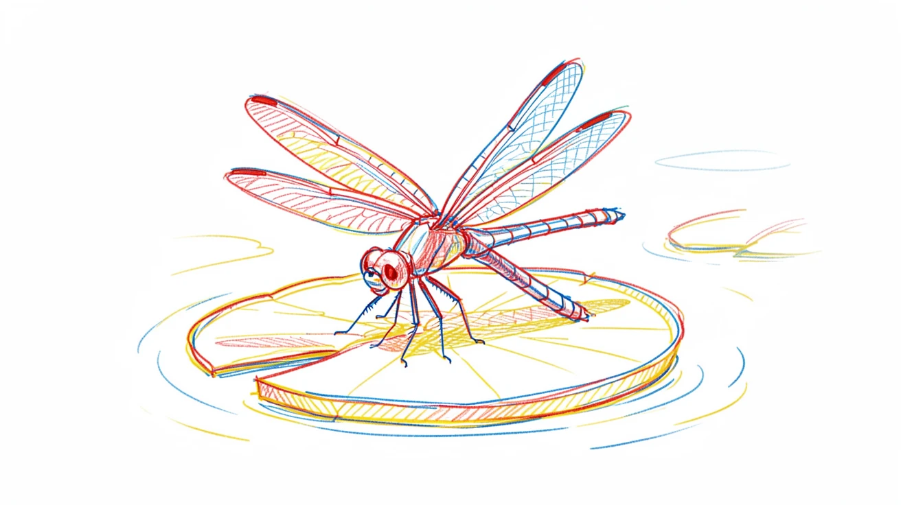 A dragonfly resting on a lily pad, wings catching the morning light
